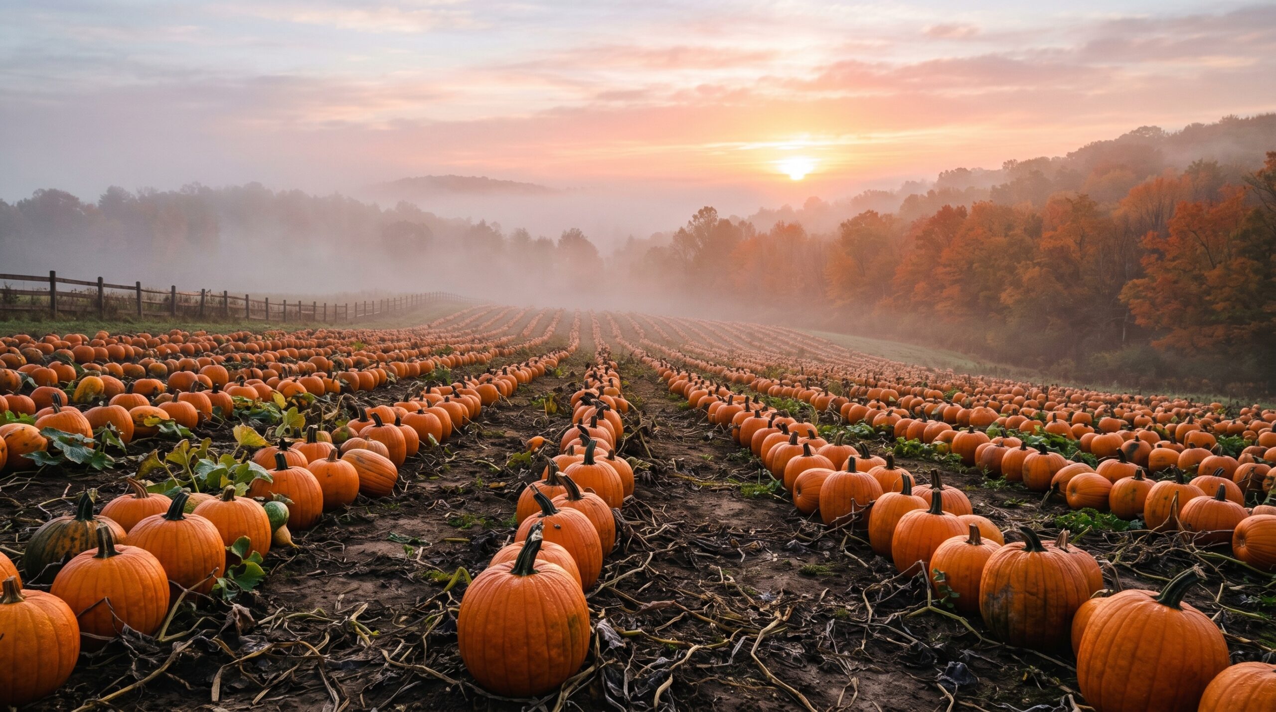 Scenic pumpkin patch at sunrise with morning fog and autumn foliage