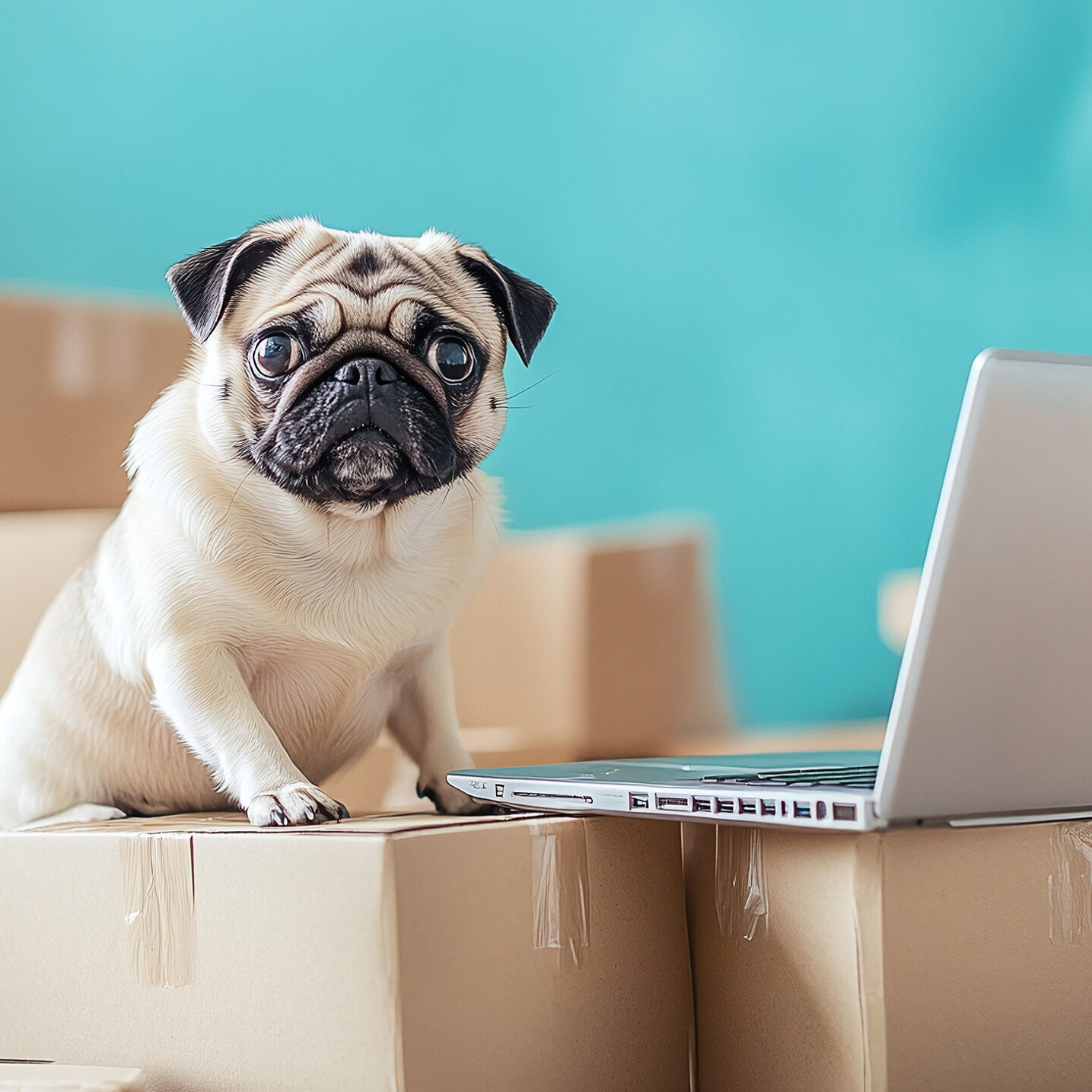 Pug sitting in a pile of shopping boxes with a laptop open to a checkout page, illustrating product delivery and online orders