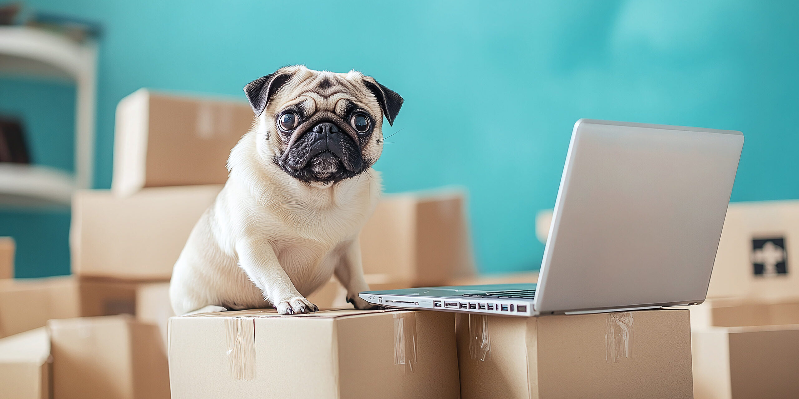 Pug sitting in a pile of shopping boxes with a laptop open to a checkout page, illustrating product delivery and online orders