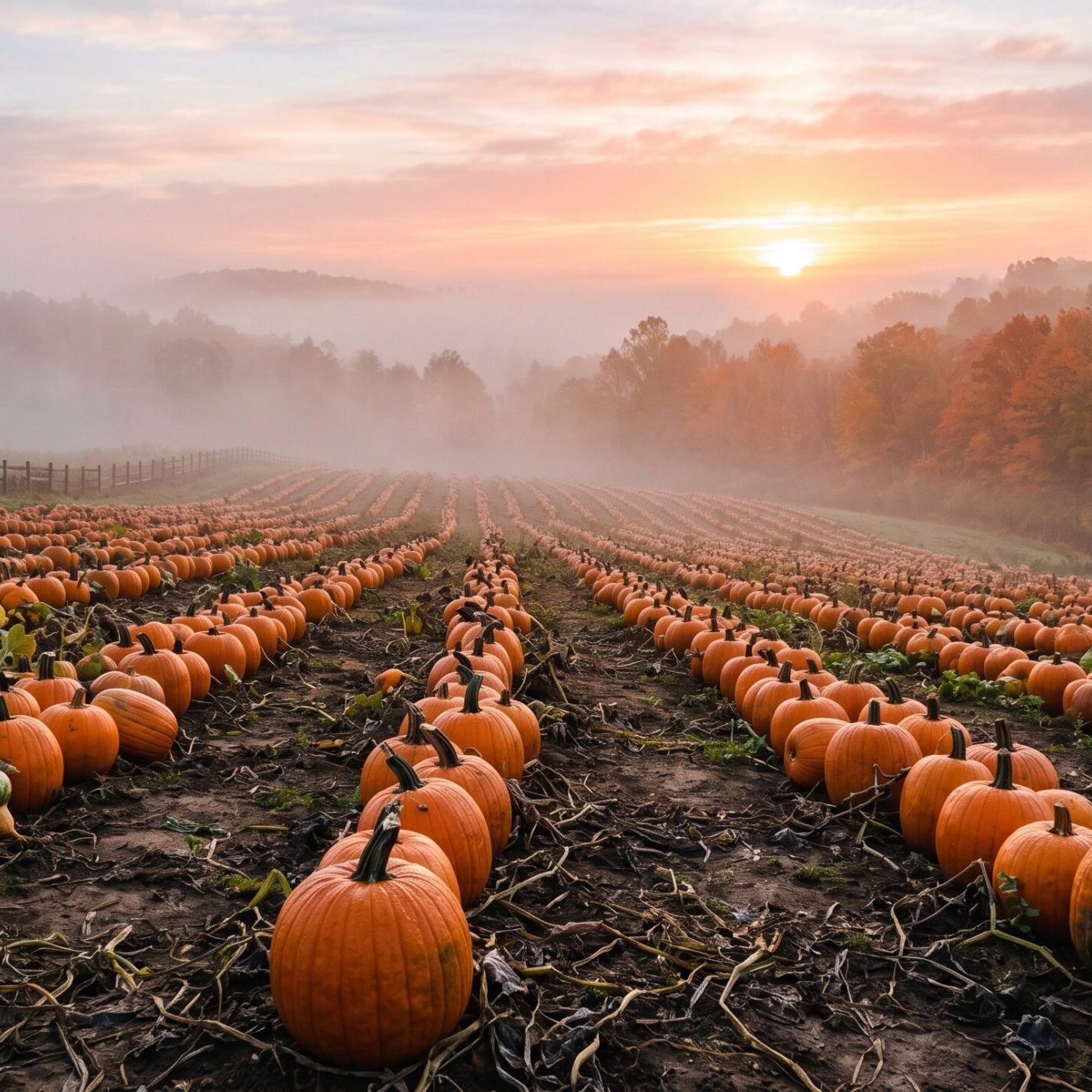 Scenic pumpkin patch at sunrise with morning fog and autumn foliage