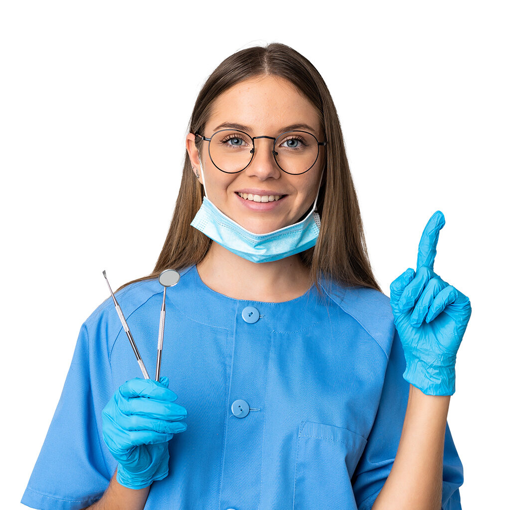 Lithuanian woman dentist holding tools over isolated background pointing up a great idea