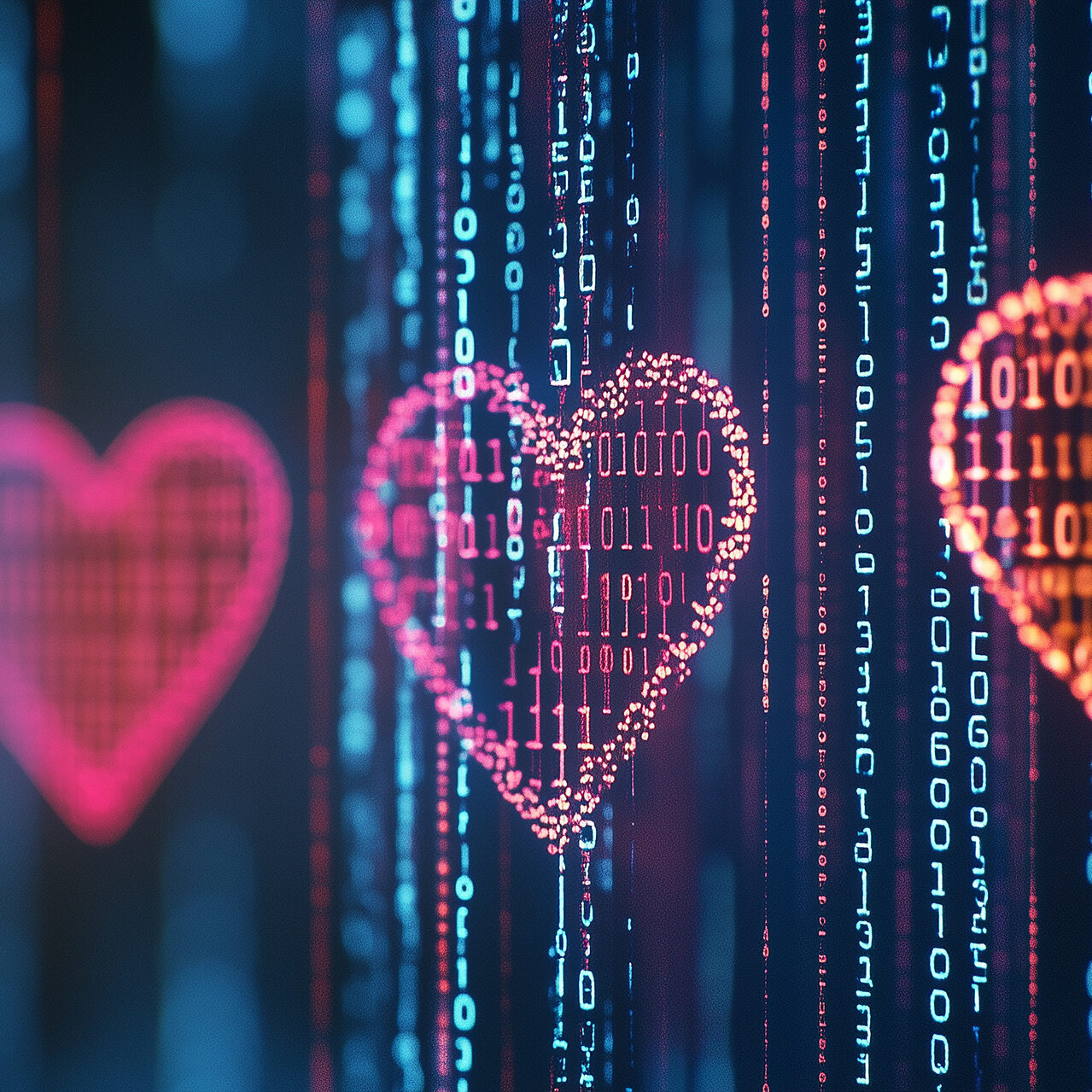 Rows of binary code (1s and 0s) subtly form heart shapes on a dark background, representing the blending of technology and love. The hearts are formed through the arrangement of the numbers, creating a modern, tech-inspired Valentineβ€™s Day theme that is minimal and visually intriguing. Shot with a Sony Alpha 7 IV using a Sony FE 90mm f/2.8 Macro G OSS lens. --ar 3:1 --style raw --v 6.1 Job ID: 199a89bb-ebb0-4e02-a0ee-fc9337196bb7