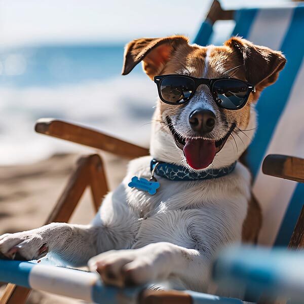 A dog wearing sunglasses and a blue collar, sitting in a beach chair.