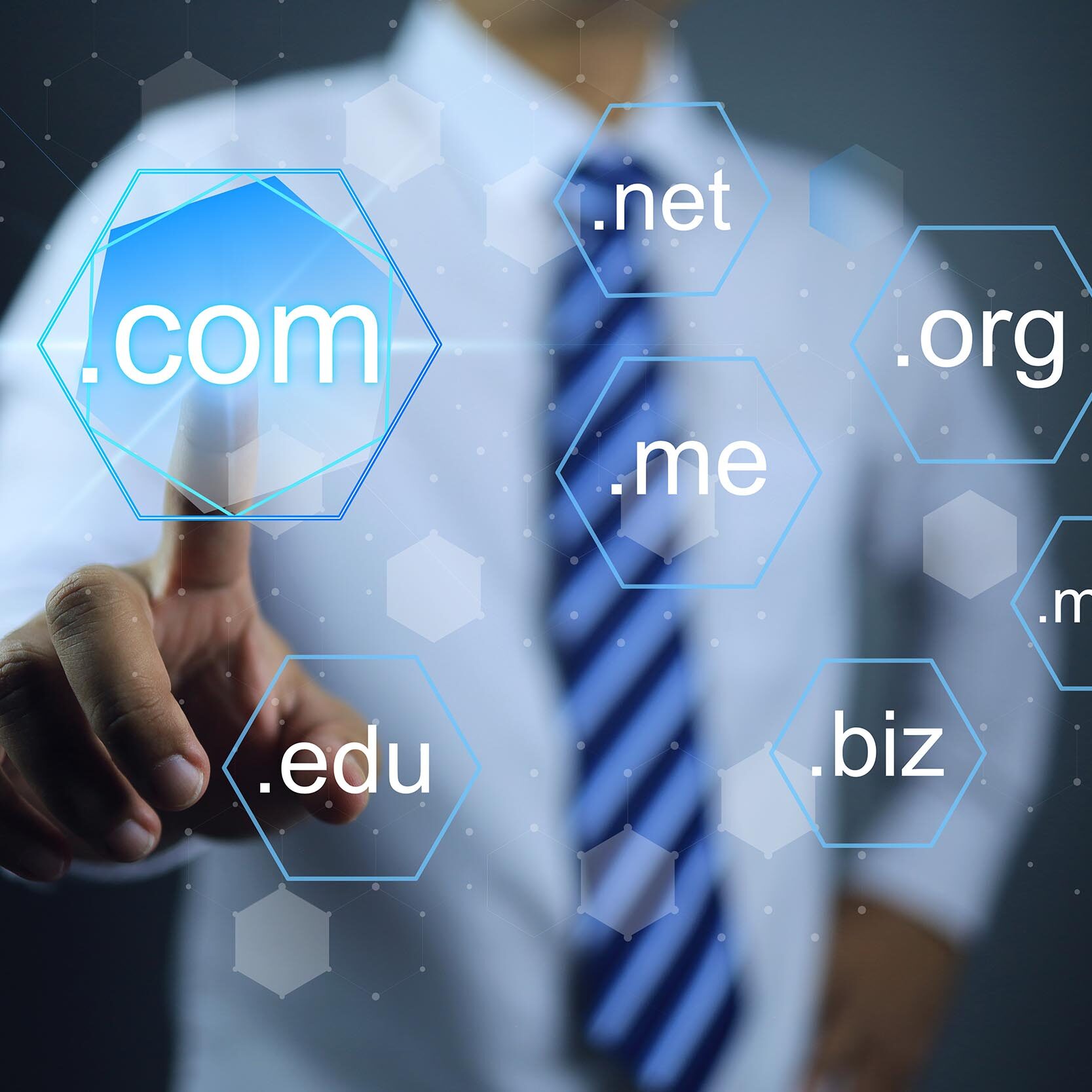 Businessman hand specified to touch and choosen sub domain name to dot com or .com to registeration the commercial website. Domain selection concept.