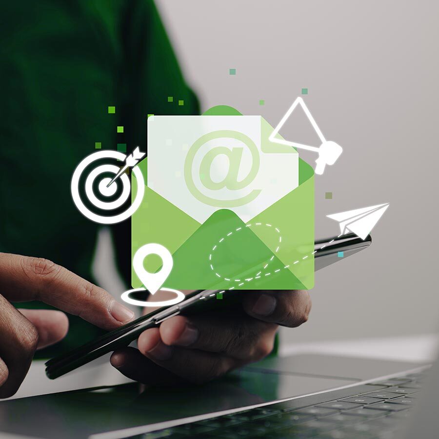 The concept of email marketing. advertising medium, customers to target, messages to deliver, invitations to send, message notifications, enticing offers.