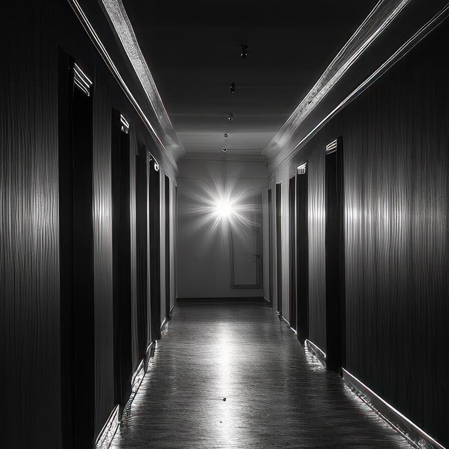 Mysterious dark corridors in buildings View from the door of a room in a quiet building