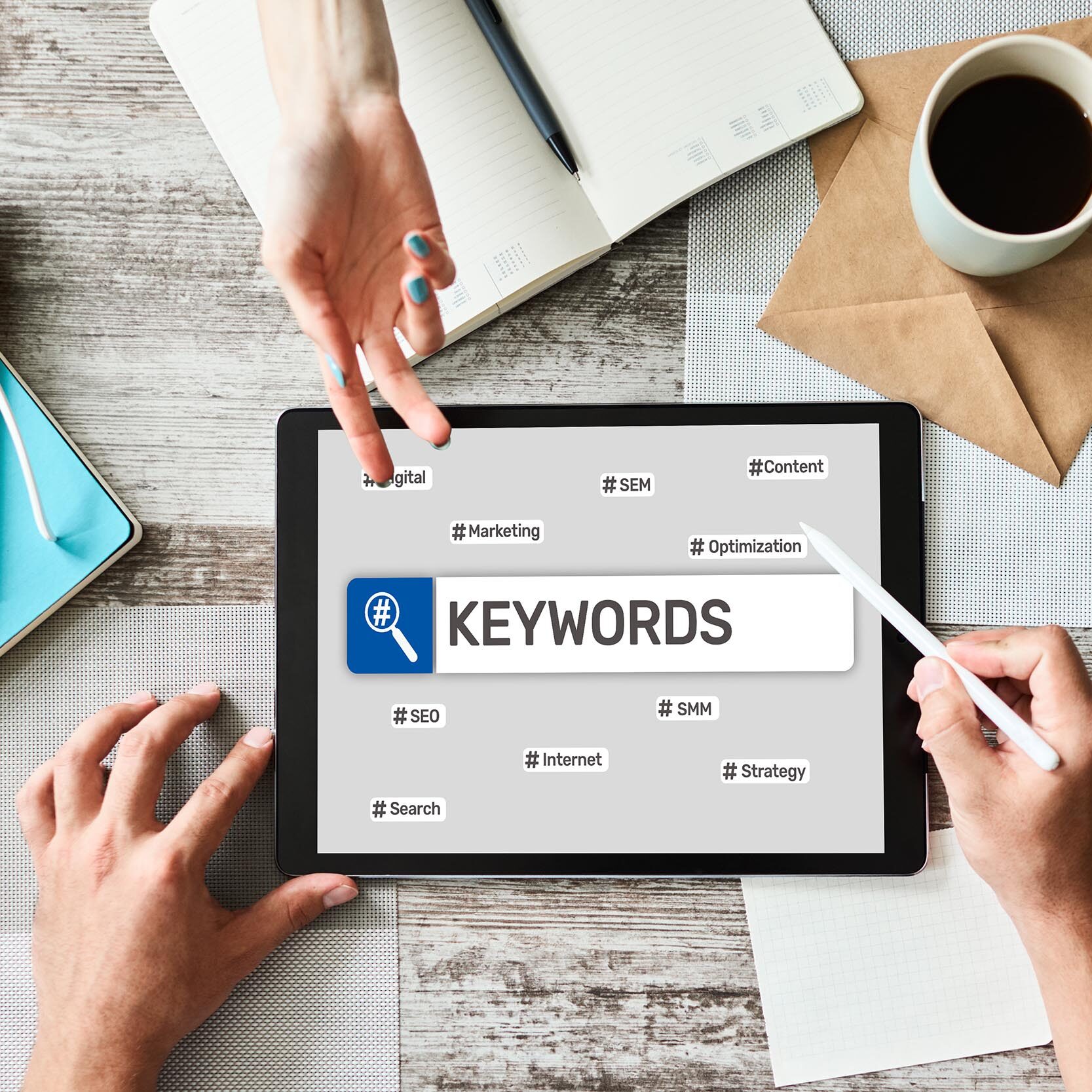 Keywords. SEO, Search engine optimization and internet marketing concept on screen
