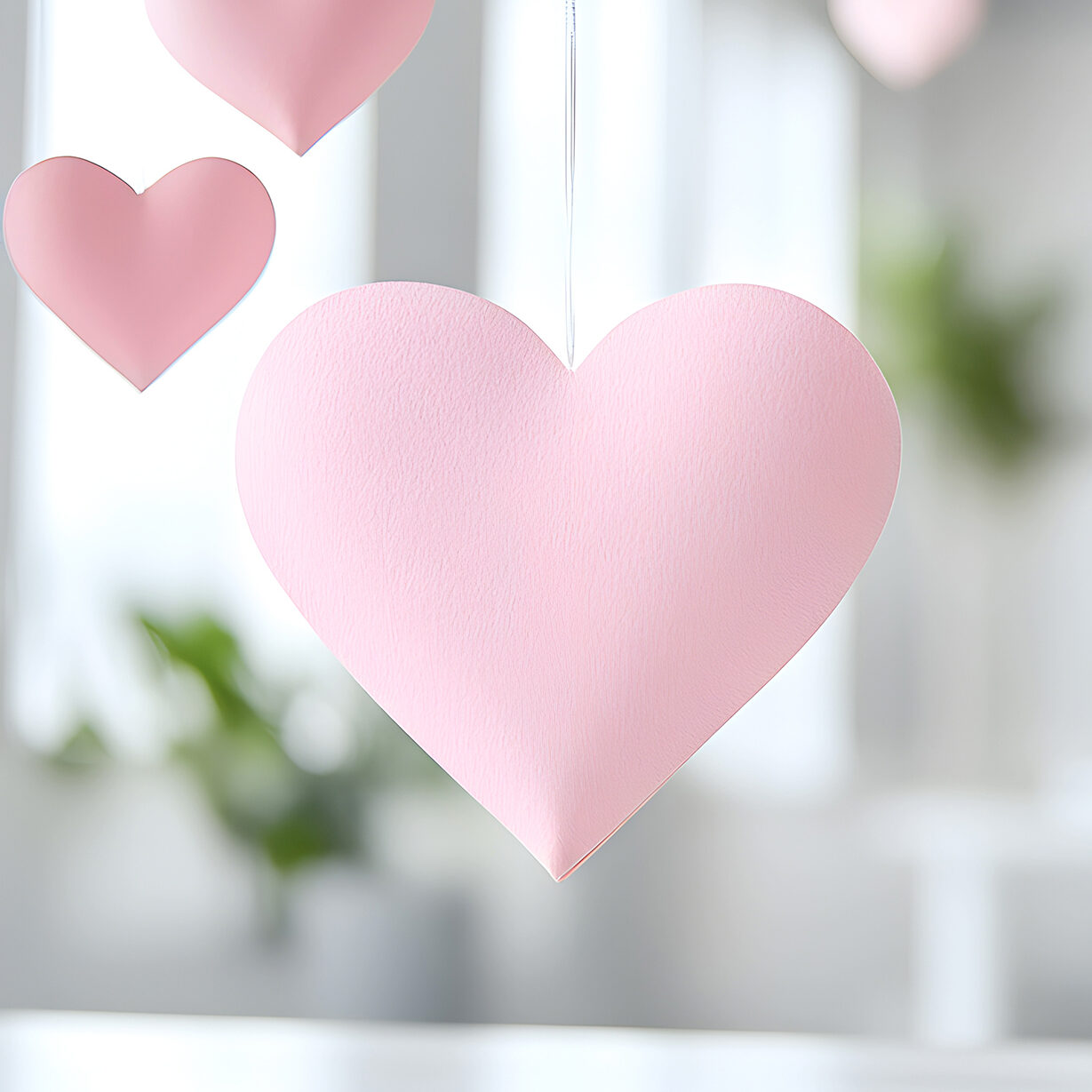 Close-up of hanging pink paper hearts with blurred people in the background in a cozy environment. Perfect for promoting relationship themes or Valentine's Day decor ideas. Selective focus.