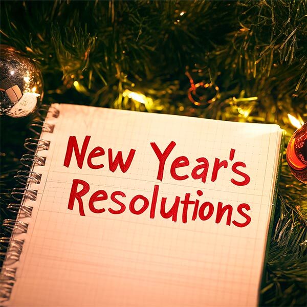 New Year's resolutions in notebooks about Christmas decorations