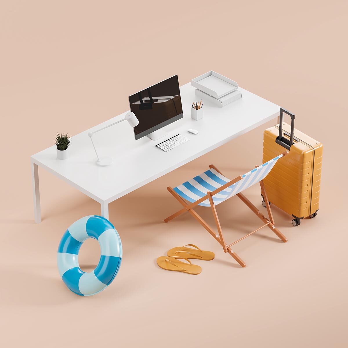 Top view of manager workspace with pc computer with office tools, beach accessories for traveling. Concept of trip and vacation. 3D rendering